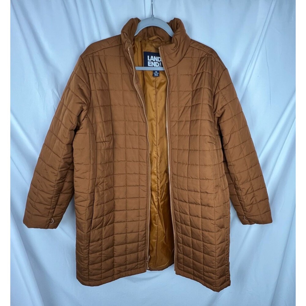 LANDS’ END Women 1X PrimaLoft Quilted Long Coat Brown Lightweight Winter